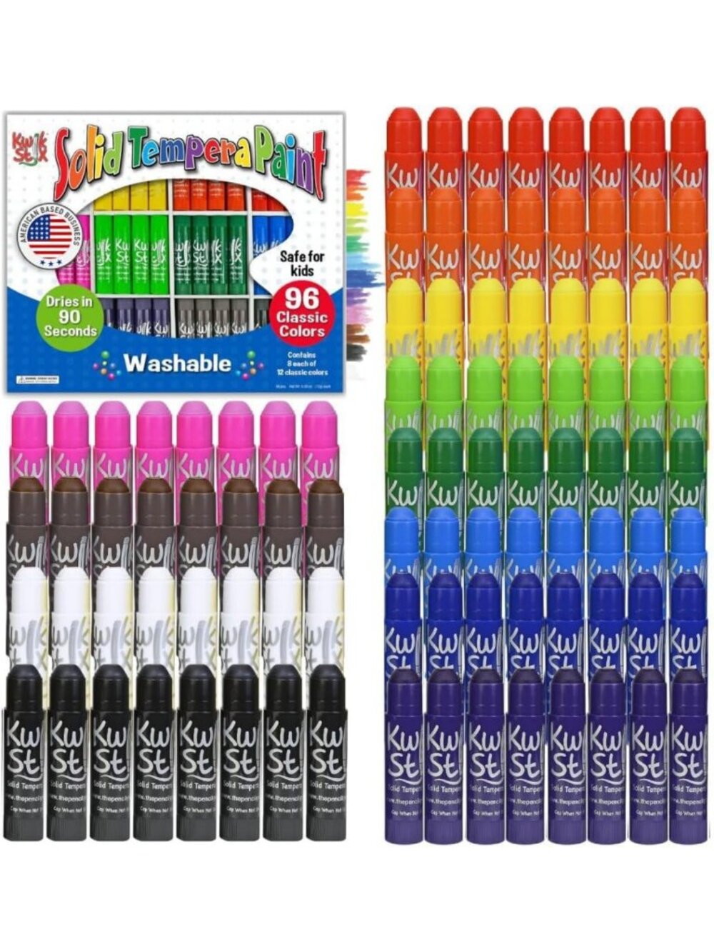 Vibrant Washable Tempera Paint Sticks - 96 Colors, Quick Dry, Non-Toxic, Kids